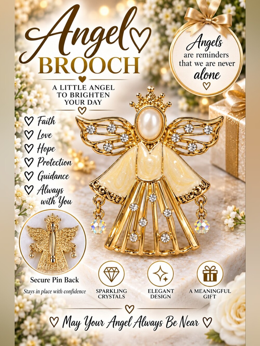 610 Gold and Cream Angel Brooch Pin with Sparkling Crystals